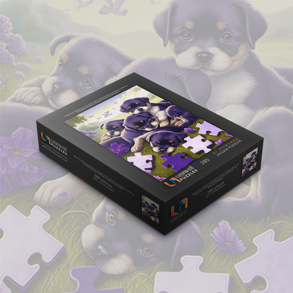 Precious puppies playing with purple puzzle pieces on plump pillows in a  picturesque pansy pasture - Unreal Puzzles