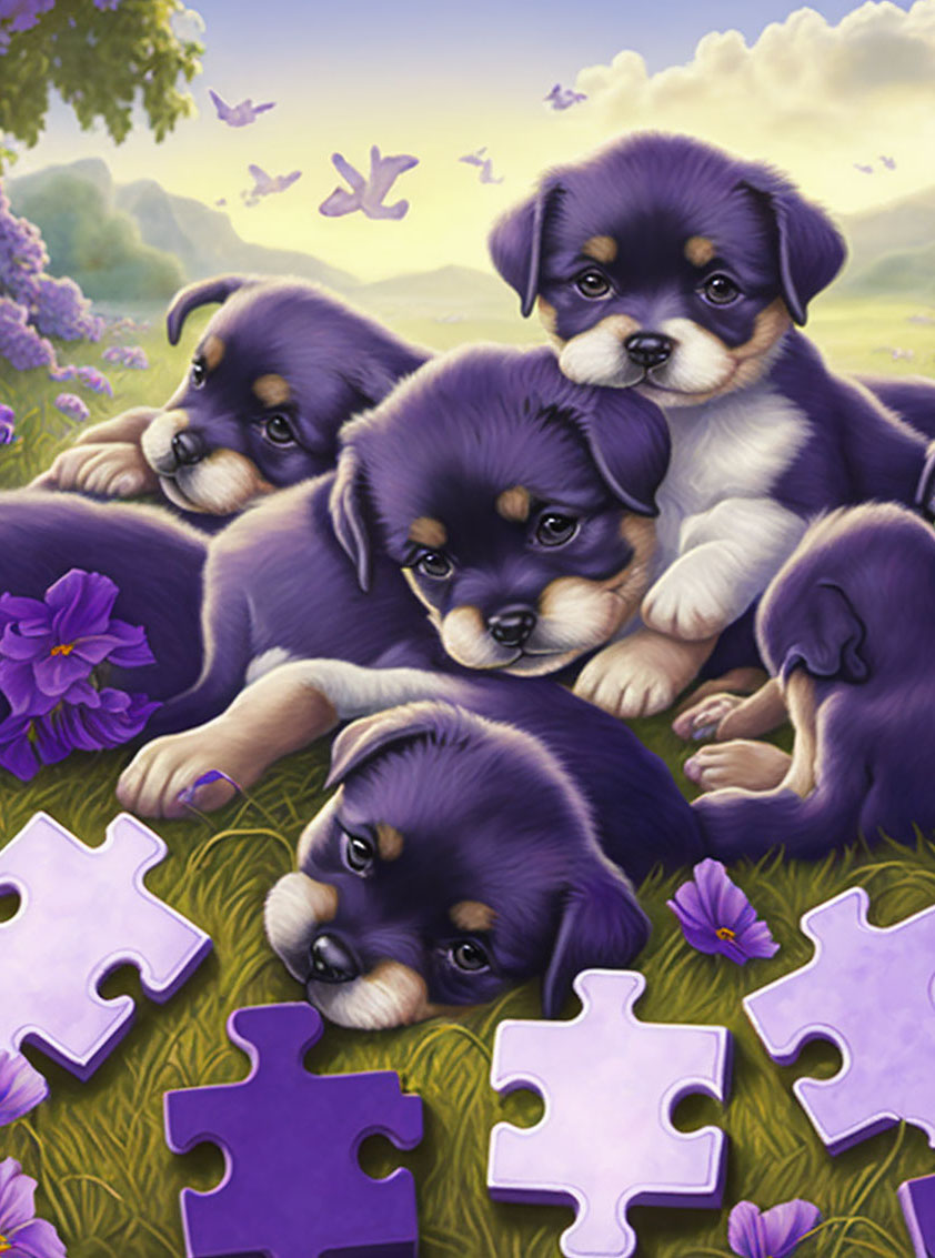 Precious puppies playing with purple puzzle pieces on plump pillows in a  picturesque pansy pasture - Unreal Puzzles